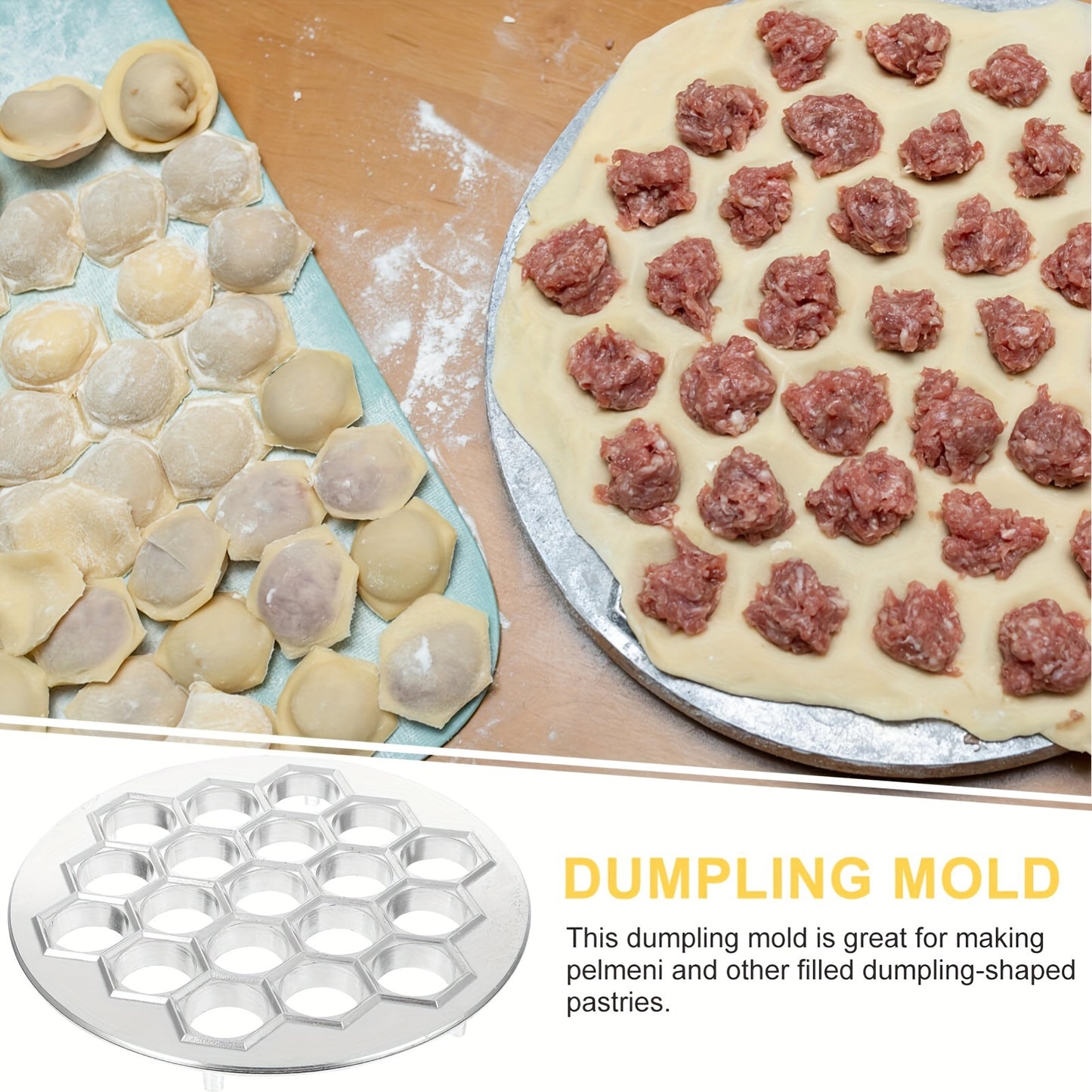 Convenient aluminum dumpling maker with 37 holes for making meat dumplings and other pastries at home. A must-have kitchen tool.