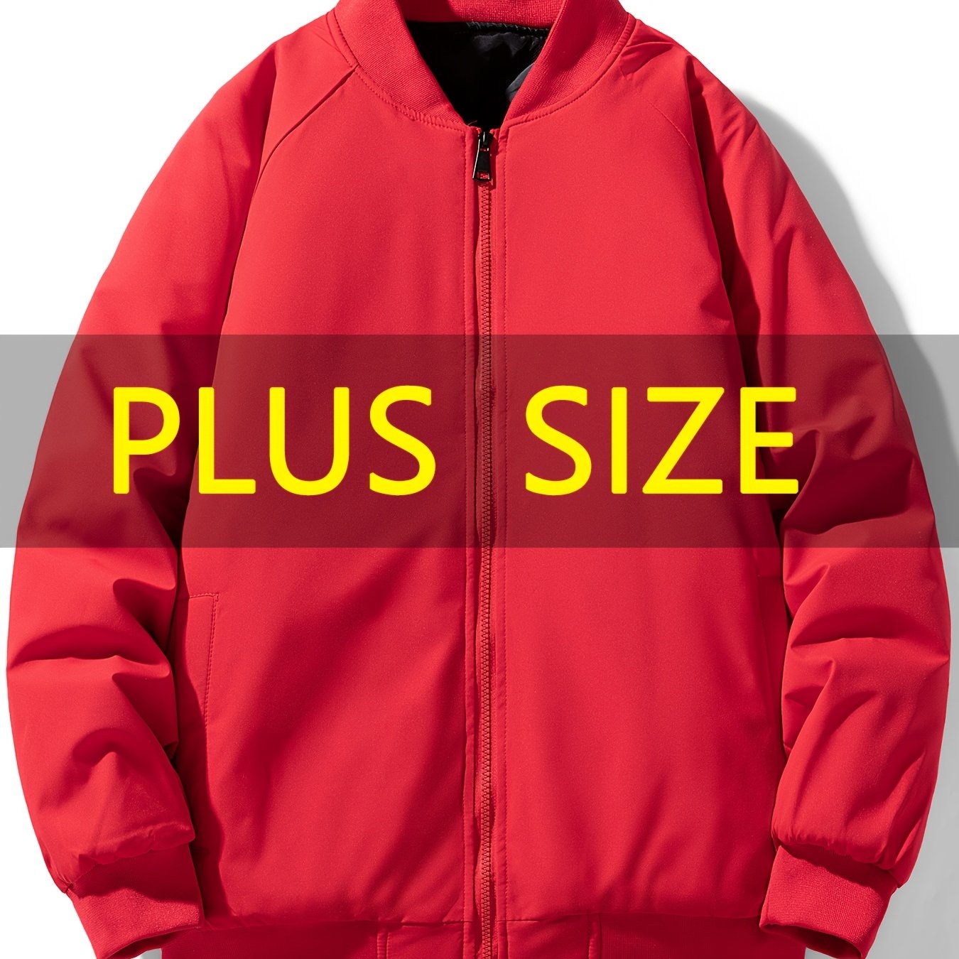 Men's plus size casual jacket with baseball collar, zip pockets, loose fit, solid color polyester.