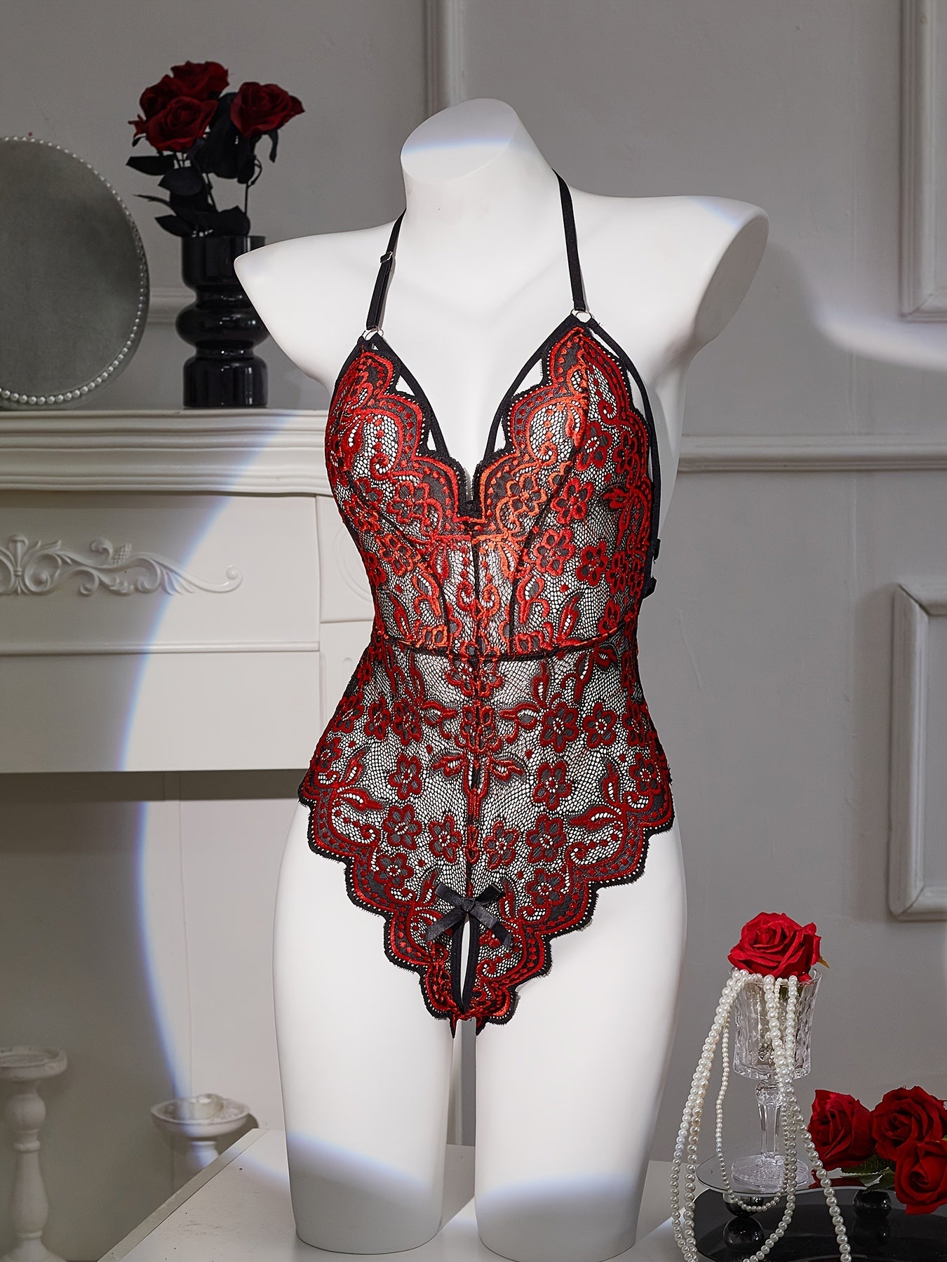 Red and black lace velvet halter teddy with scalloped edges and adjustable straps - Elegant backless bodysuit for women, low support, hand wash only.