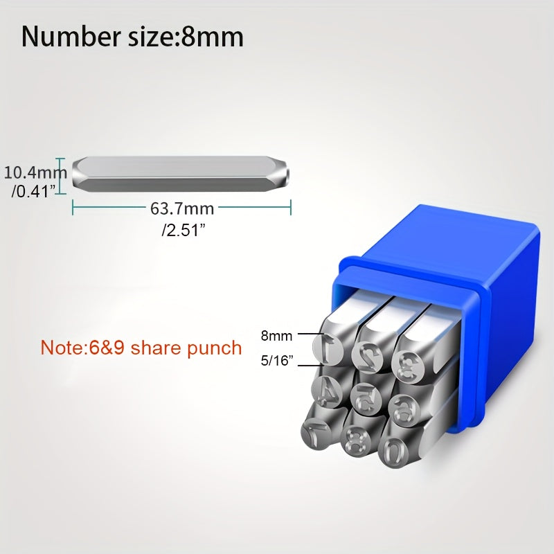 Alloy steel stamp set for imprinting on various materials such as metal, plastic, wood, and leather. Great for crafting and arts.