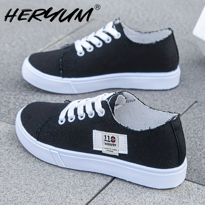 HERUMIN Women's Lace-Up Sneakers in Black, White & Blue Denim, Comfortable PVC Sole, Casual and Stylish for Spring.