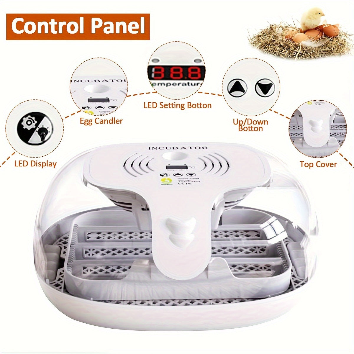 Fully automatic 16 egg incubator with turning and humidity control for incubating various types of domestic animal eggs.