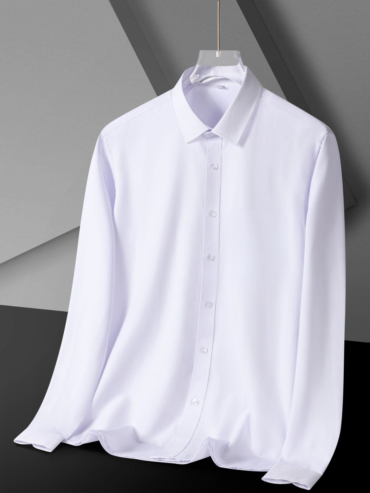 Men's light business style dress shirt made of 96% polyester and 4% spandex blend, featuring a solid color lapel collar woven top with smooth fabric. Regular fit suitable for all seasons