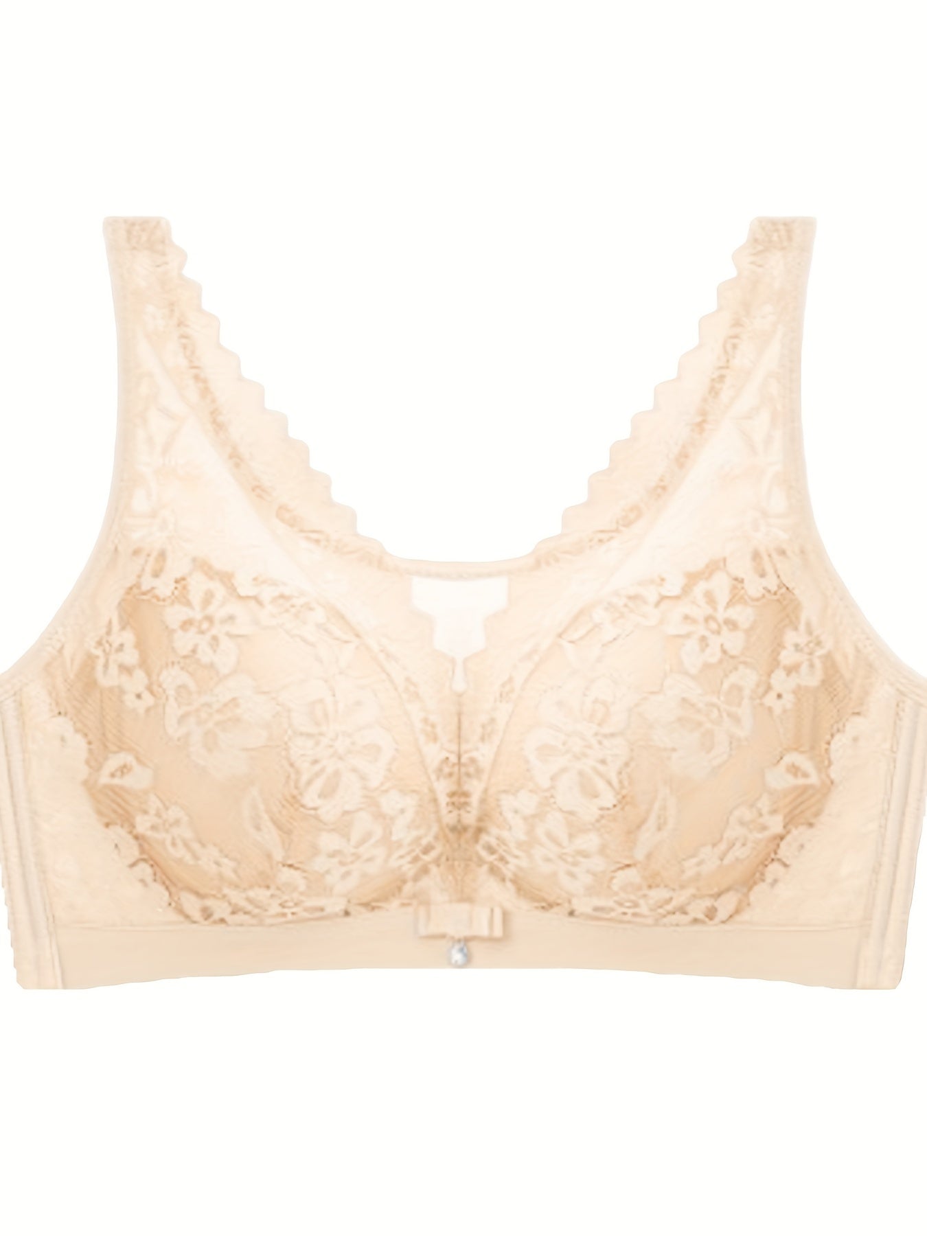 Women's floral lace push-up bra with medium support, non-wired, seamless sides, comfortable lift, made of 86% elastane and 14% knit fabric.