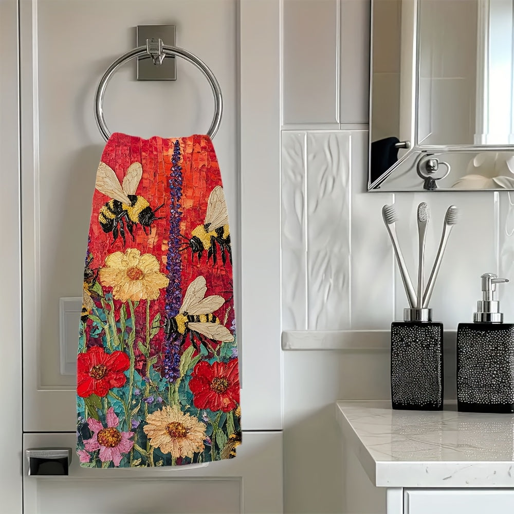 The set includes two kitchen towels with a vibrant design of bees in a flower garden. These ultra-soft towels are highly absorbent and perfect for holiday decorating. They are machine washable and measure 40.64X60.96 cm.