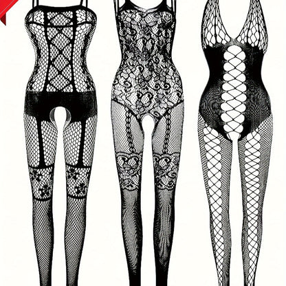 Women's fishnet lingerie set including bodysuit, tights, and stockings in a sexy lace design.