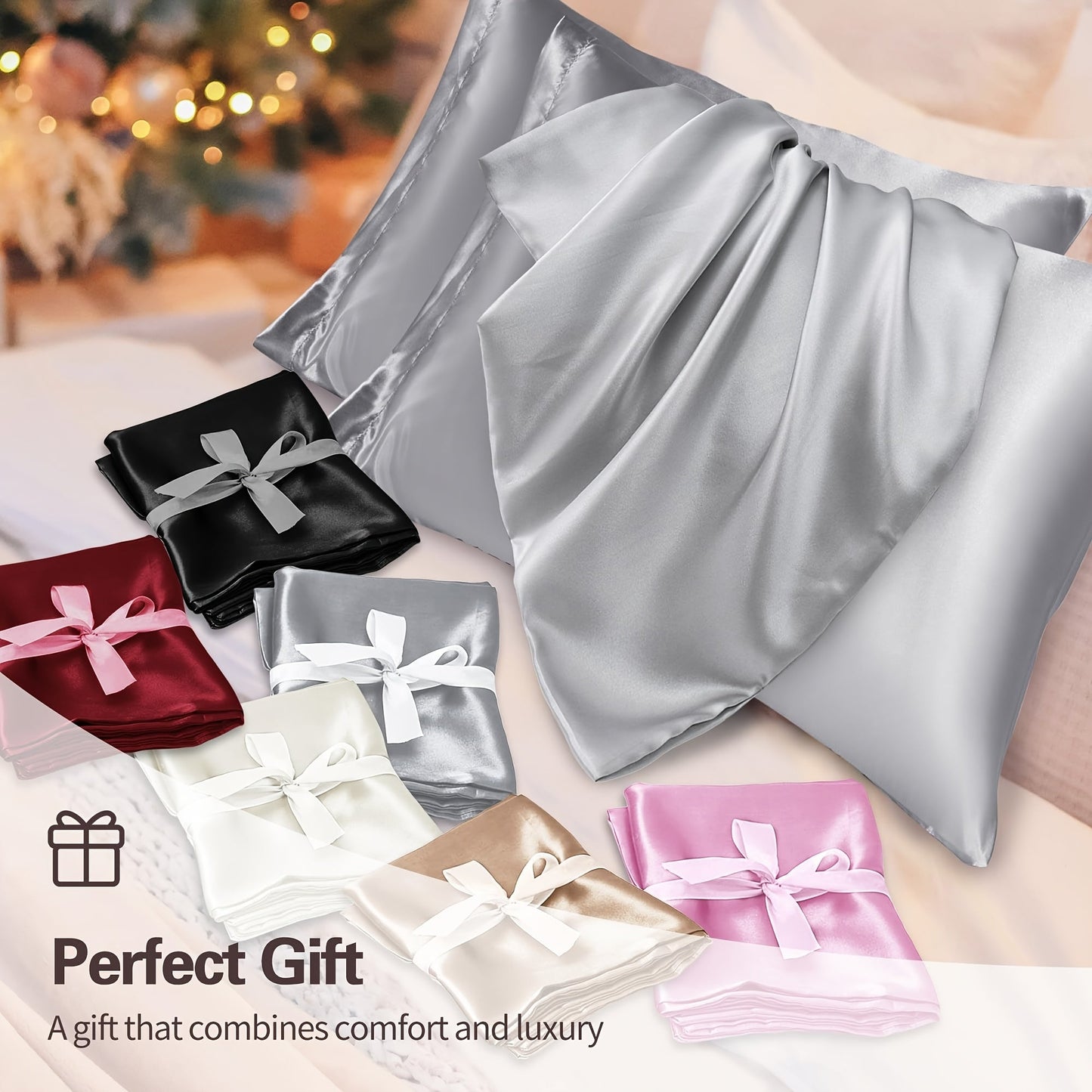 Two satin pillowcases in a pack made from 100% polyester material. Features an envelope closure and smooth texture to prevent hair breakage. These pillowcases are also wrinkle-resistant, machine washable, and weigh 80-85gsm. Available in a solid color