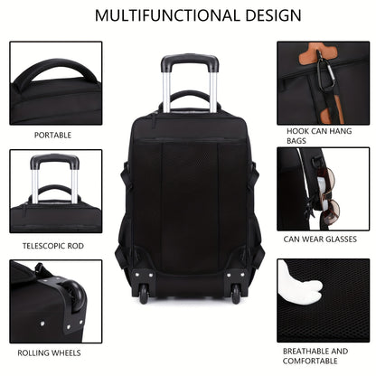 Rolling backpack for 17-inch laptop with shoe compartment for men and women. Suitable for business and school.