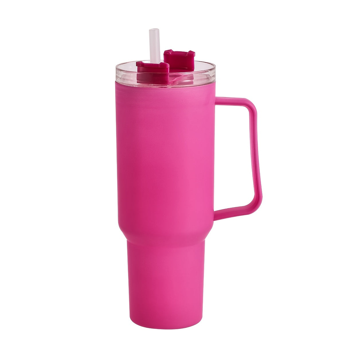 Lightweight plastic travel mug with straw, ideal for hiking. Hand wash only.