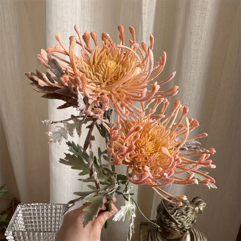 1 lifelike artificial chrysanthemum with 2 blooms - ideal for weddings, engagements, and home decor. Perfect for tabletops and photography props.