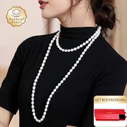 This Women's Fashion Pearl Necklace is made of stunning 8-9mm strong light rice-shaped natural freshwater pearls. The 120cm long sweater chain by Liying comes in a beautiful gift box. Please note that due to the natural gemstone material, the shape and