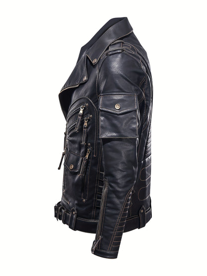 Men's stylish black biker jacket with zipper pockets, loose fit, studded details, and durable polyester lining, perfect for spring and fall.