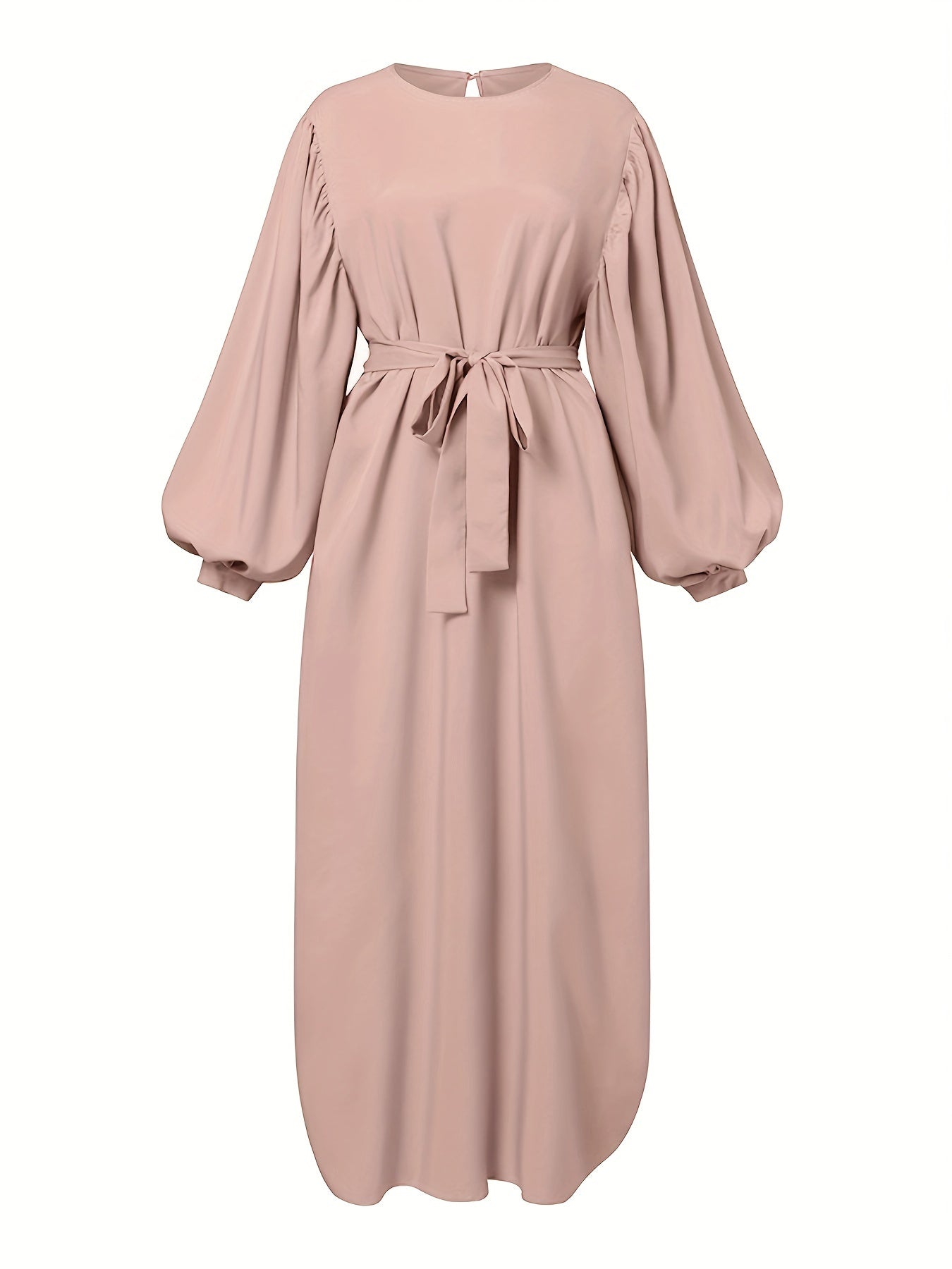 Elegant maxi abaya dress with solid tie waist and lantern sleeves.