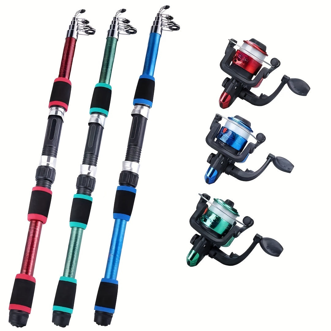 All-in-one fishing rod kit with telescopic rod, spinning reel, bait hooks, and travel set.