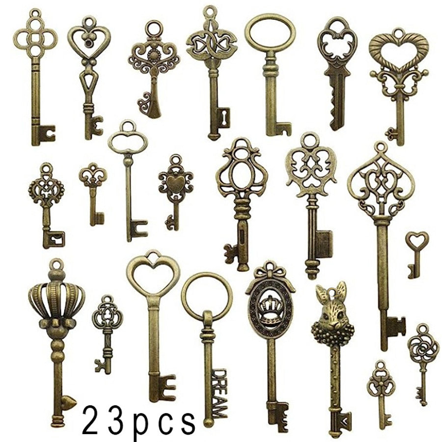 Set of 23pcs Vintage Skeleton Keys in Antique Bronze Style.