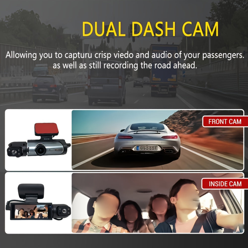 Ouyaaqii Upgraded Dual-Lens Dash Cam with 64GB Memory Card, Loop Recording, LCD Screen, HD Night Vision, Sun-Proof Case, Front & Interior Views