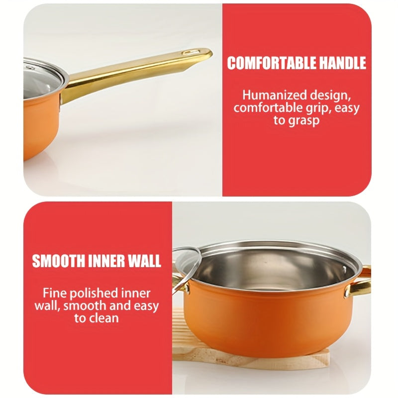 Orange 12-Piece Stainless Steel Cookware Set for Home Use - Includes Soup Pot, Frying Pan, Milk Pot, and More for Versatile Cooking