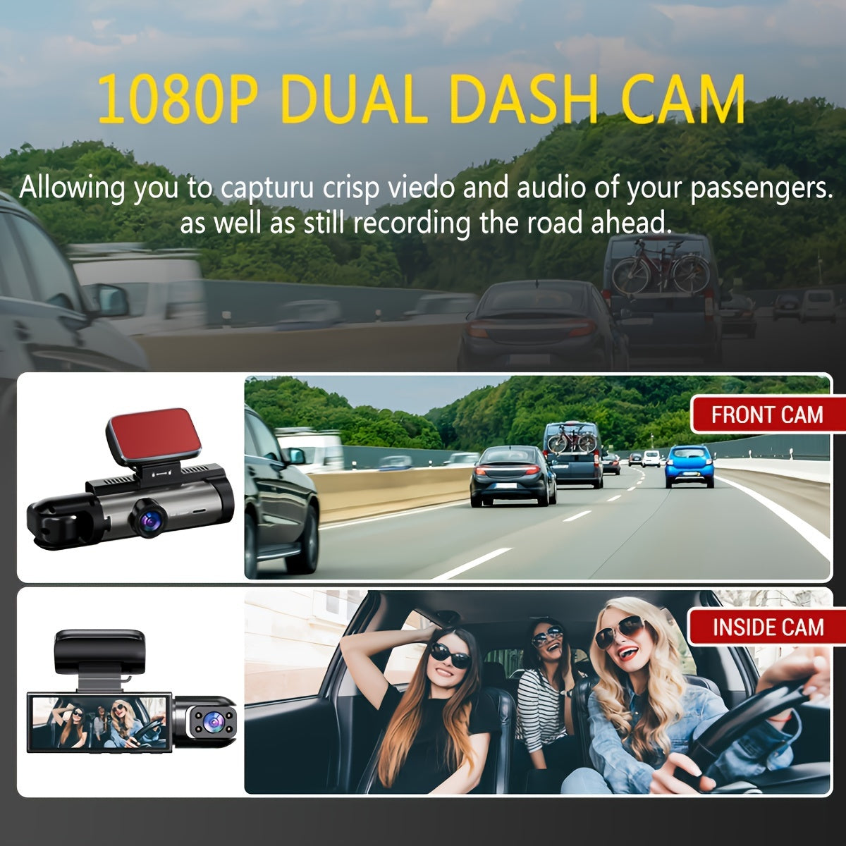 1080P HD Dual-Lens Car DVR with 64GB memory card, fast car phone mount, 12-hour recording, auto loop, gravity sensor, aluminum cooling case, 8.03cm IPS screen - Fit.