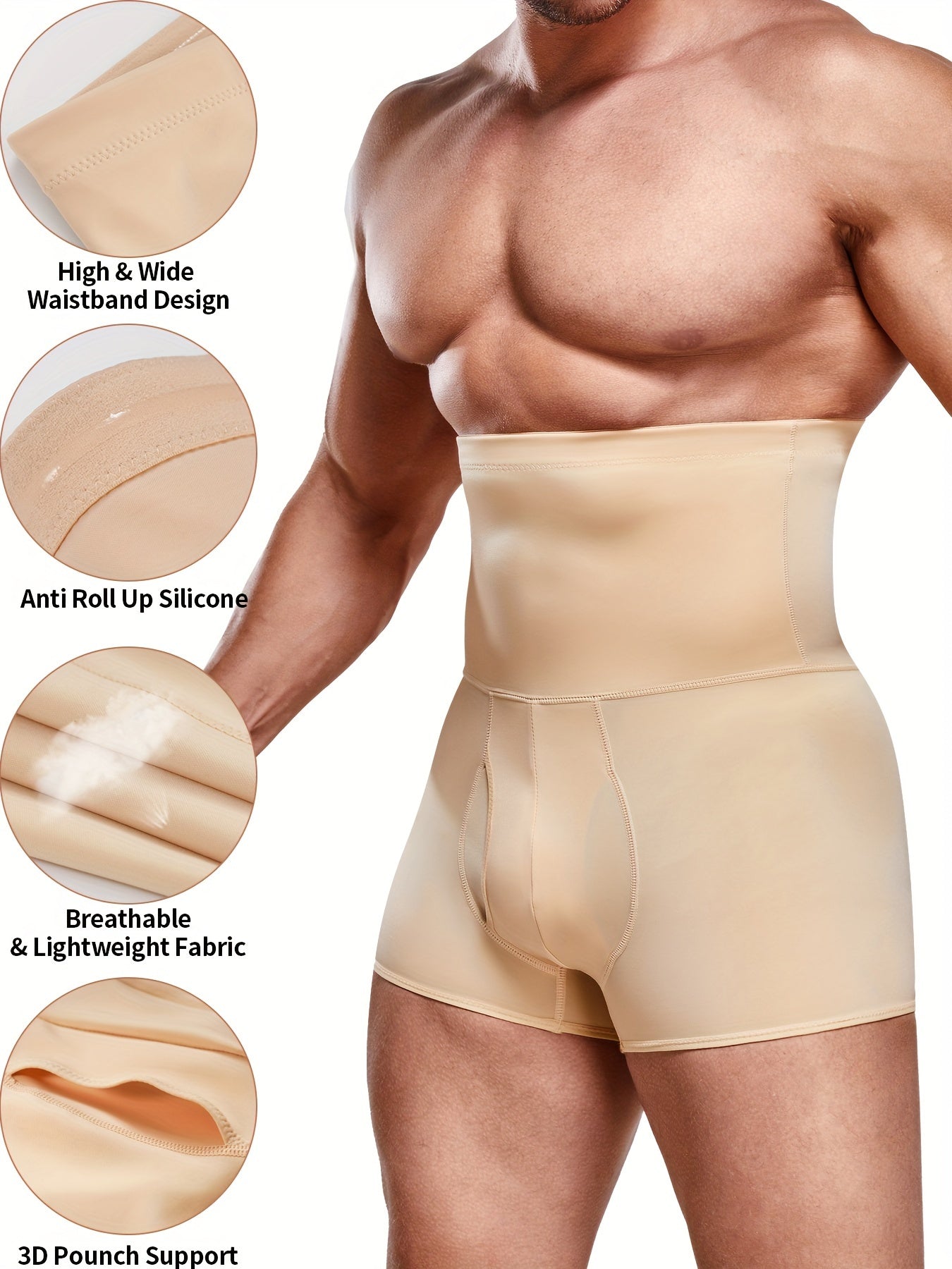 Junlan Men's High-Waist Slimming Shapewear Boxer Briefs in Beige offer tummy control, breathable nylon, seamless comfort fit, double-layer support for a trimmer waist and leg shape. Smooth