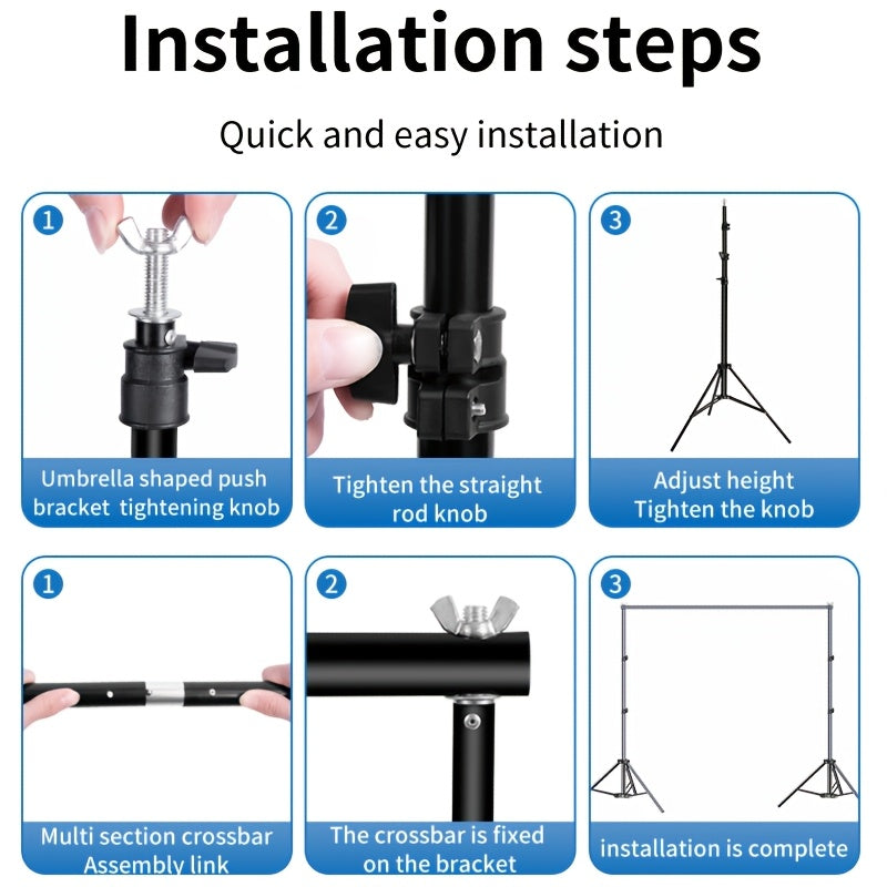 Iron Photography Backdrop Stand System, adjustable height, portable with carrying bag for various events.