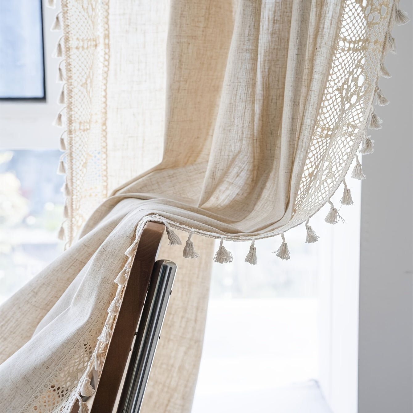 Boho-Chic Pure Linen Crochet Curtain with Tassels - Semi-Sheer Panel, American Farmhouse Style, Rod Pocket Design for Living Room, Bedroom, Dining & Kitchen, UV Protective, Hand Washable - Perfect for Living Room Decor