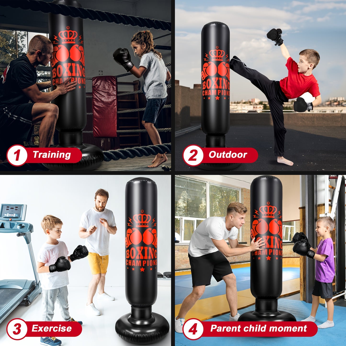 Inflatable punching bag set includes boxing gloves and skipping rope, suitable for karate and kickboxing.