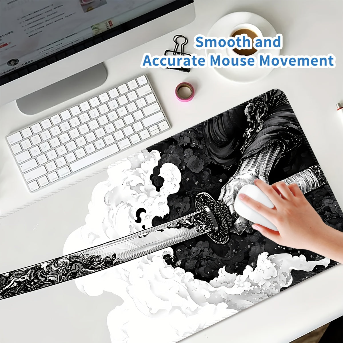 XL Gaming Mouse Pad with Sword Design, Non-Slip Base, Washable, for eSports & Office Use.