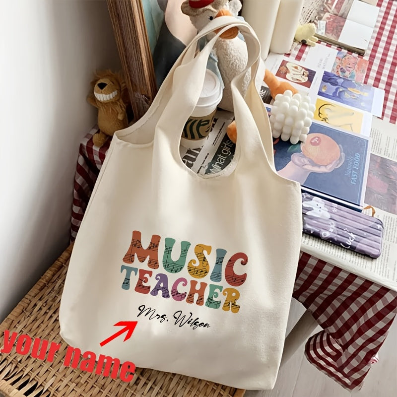 Customized Music Teacher Tote Bag - Durable Polyester Shoulder Bag with Cartoon & Alphabet Print, Easy to Carry, Foldable, Machine Washable - Perfect Present for Music Lovers and Educators