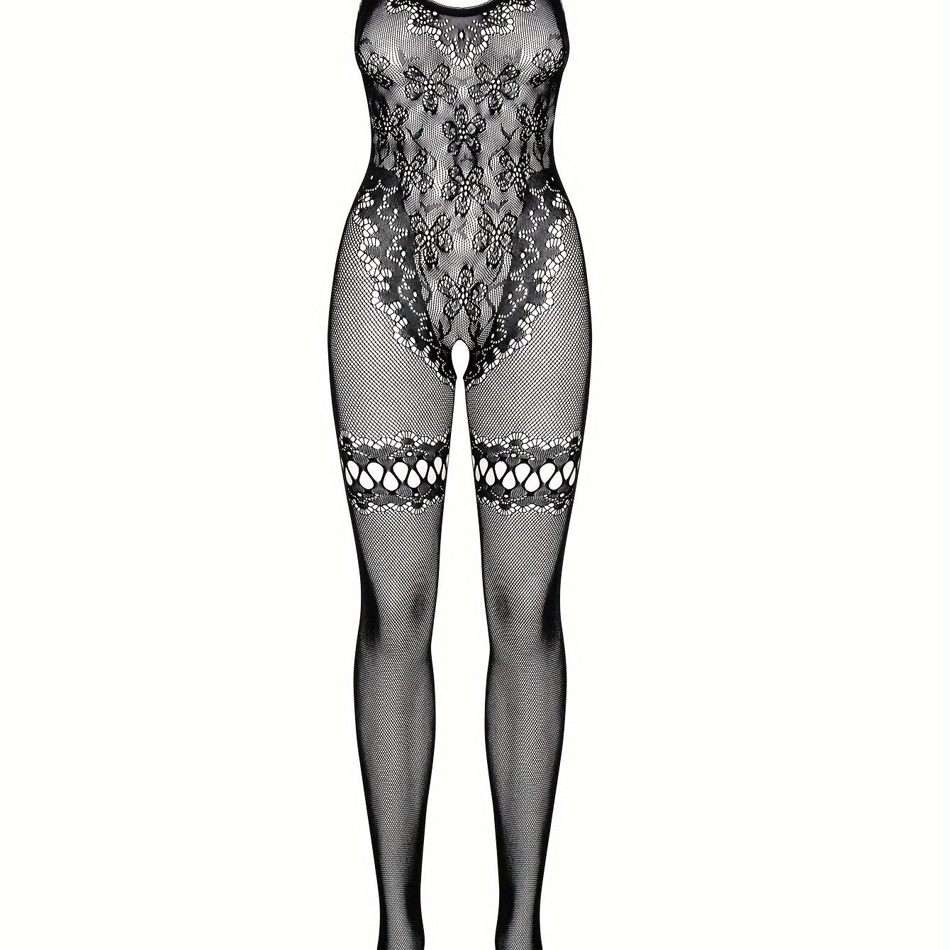 1pc Sheer Lace Bodysuit with Open Crotch and Floral Patterns, High-Elasticity Nylon/Elastane Blend, Hand Washable - Ideal for Music Festivals & Beachwear.