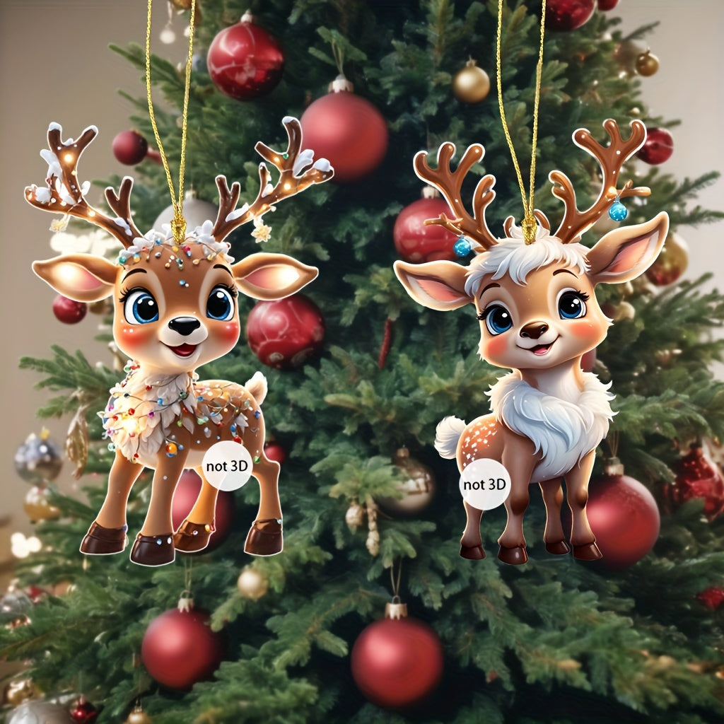 9 cute acrylic hanging ornaments featuring 2D reindeer with lights, ideal for Christmas tree, Halloween, car interiors, and collectible decorations.