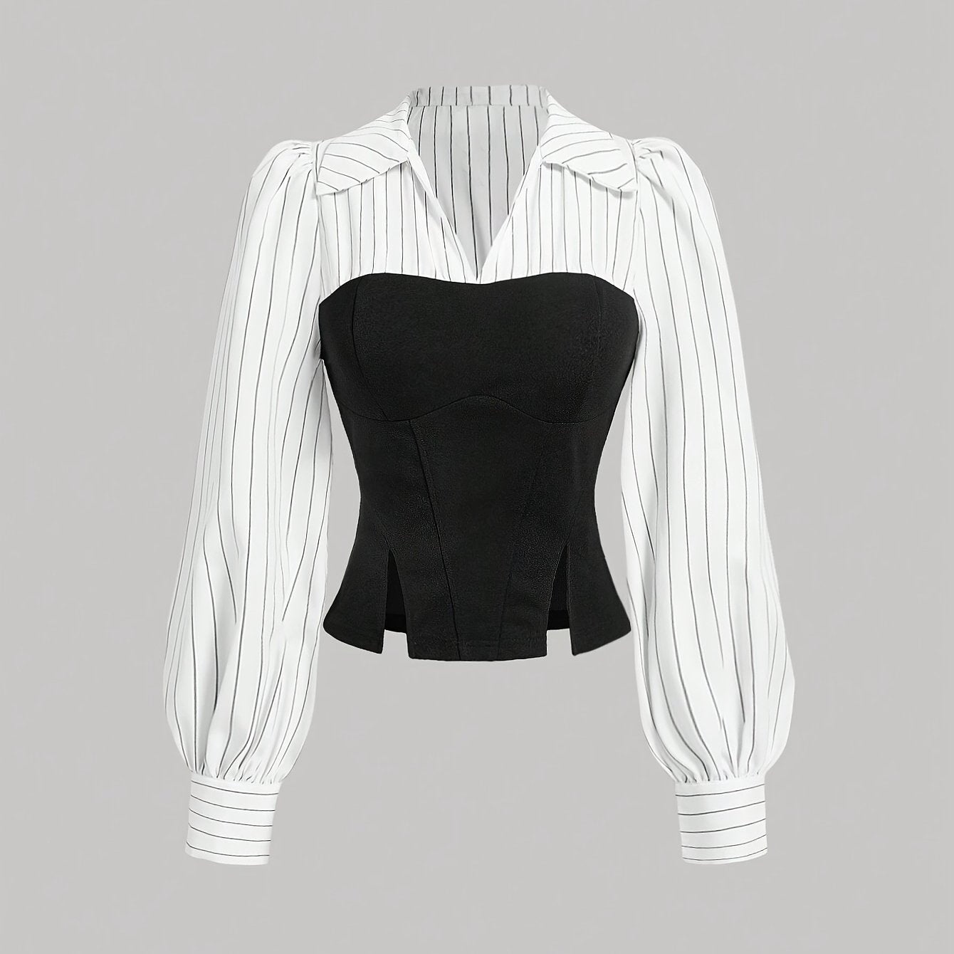 Striped polyester blouse with collar detail, machine washable, perfect for spring/fall.