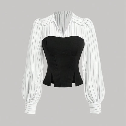 Striped polyester blouse with collar detail, machine washable, perfect for spring/fall.