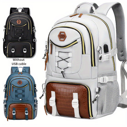 WEIXIER Men's Stylish Multifunctional Backpack in White & Brown with Large Capacity for Laptop, Travel, School & Work, Durable Nylon with Crocodile Texture - Perfect Gift for Friends &