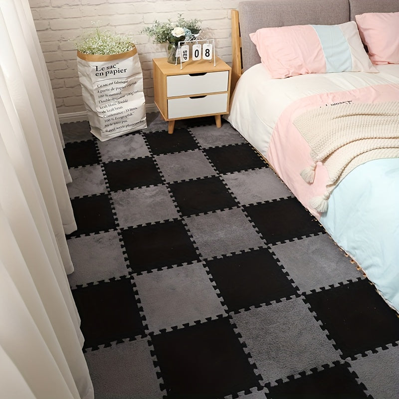 12 pieces of interlocking carpets with a thickened design, perfect for adding a punk-style touch to your bedroom or closet. These rugs are washable for easy maintenance.