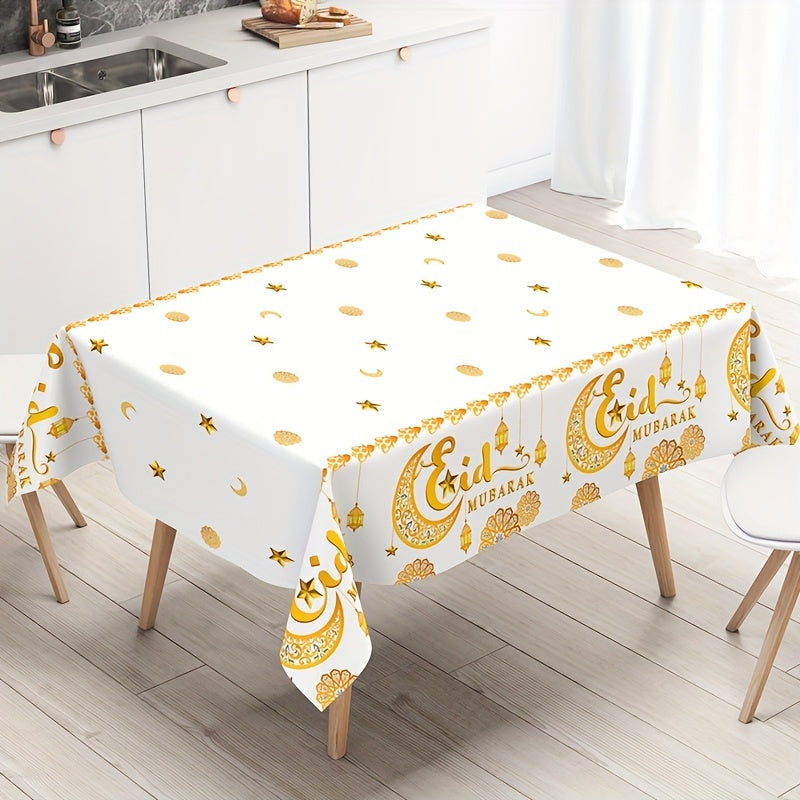 1 Elegant White & Golden Moon Eid Tablecloth with "Eid Mubarak" Design and Islamic Motifs, Disposable Plastic Cover for Ramadan Kareem and Eid Al Adha Celebrations, Ideal for Muslim Party