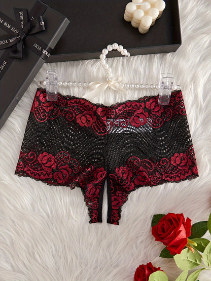 Floral lace panties with open crotch, mid-rise, and semi-sheer design, perfect for sexy lingerie.