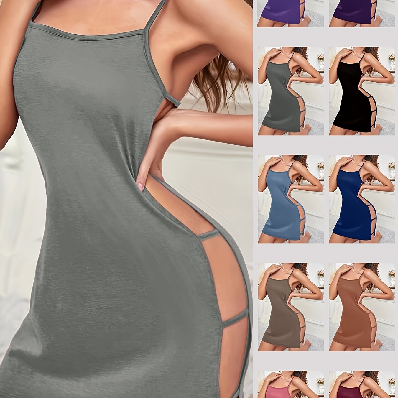 Seductive nightgown with backless round neck and side cutouts, perfect for women's sleepwear.