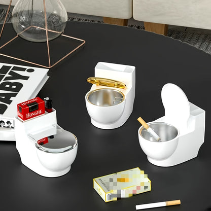 Creative Toilet Shaped Ashtray with Lid - Stylish covered ash bin for home, living room or bedroom. Metal and plastic construction, wall-mountable. No electricity needed.