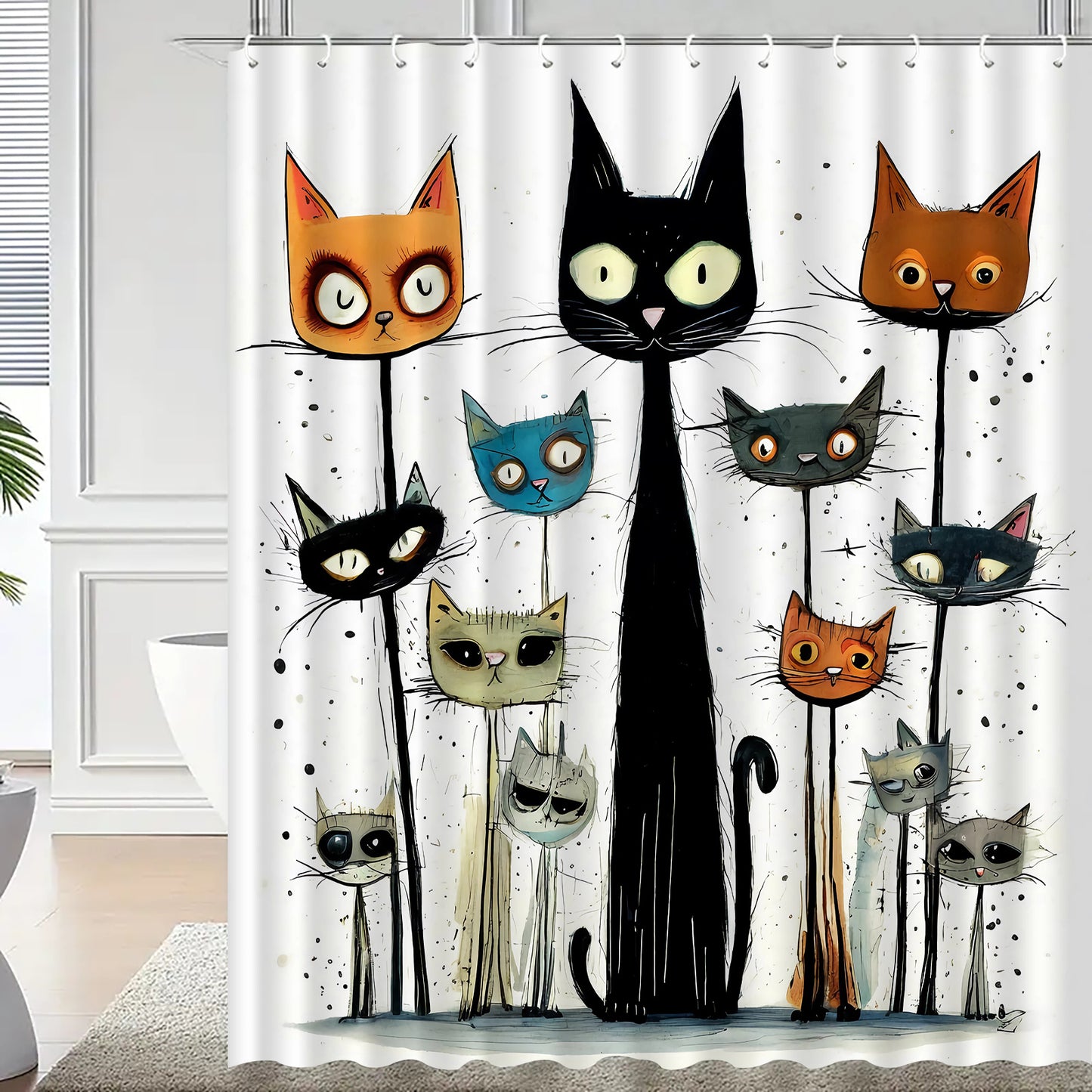 Water-resistant WhimsyCat shower curtain with artsy kitten design and hooks, machine washable and elegant for year-round bathroom decor.