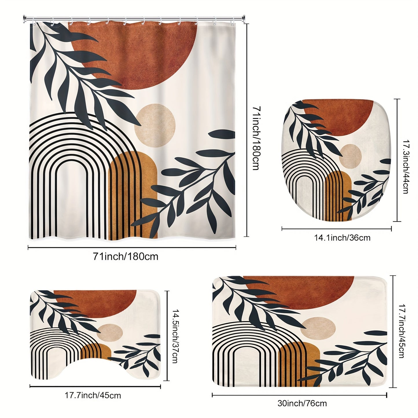 Bohemian abstract medieval shower curtain set includes 1 waterproof curtain, 12 hooks, non-slip bath mat, U-shaped toilet mat, lid mat, and bathroom accessories. Features brown geometric leaves and arched sun plant decoration in a neutral modern