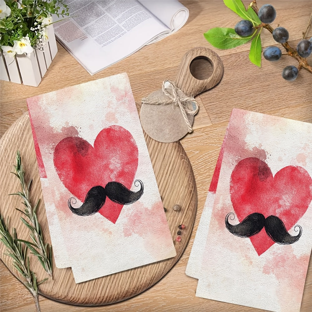 Set of 2 Ultra Soft Kitchen Towels with Fun Heart and Mustache Design, Super Absorbent Polyester Dish Hand Towels, Easy to Clean in Washing Machine, Size 40.64x60.96 cm - Perfect for Valentine's Day Decor and Daily Use in the Kitchen, Dish Towels