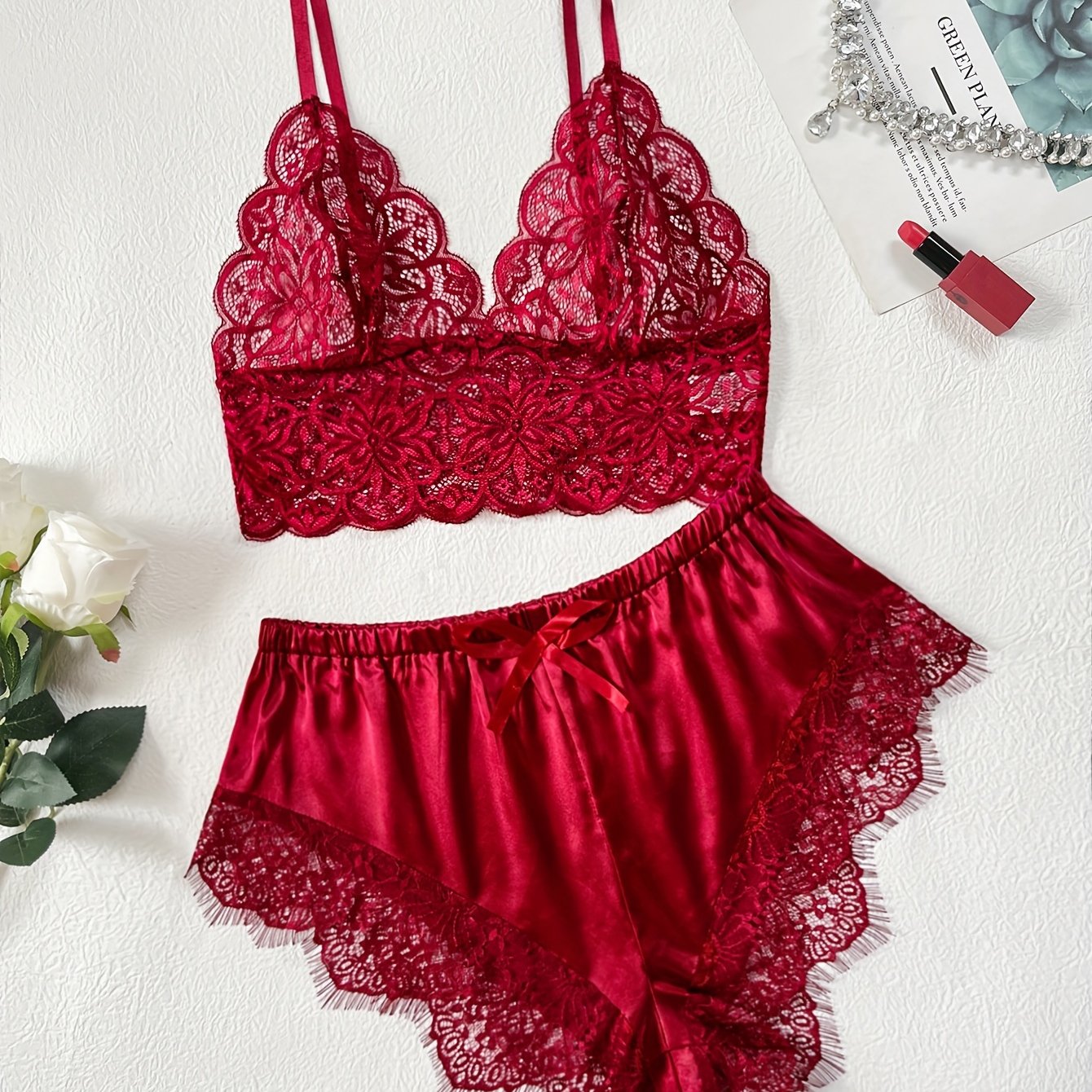 Lace lingerie set with cami top bra, shorts, perfect for women's sexy underwear.