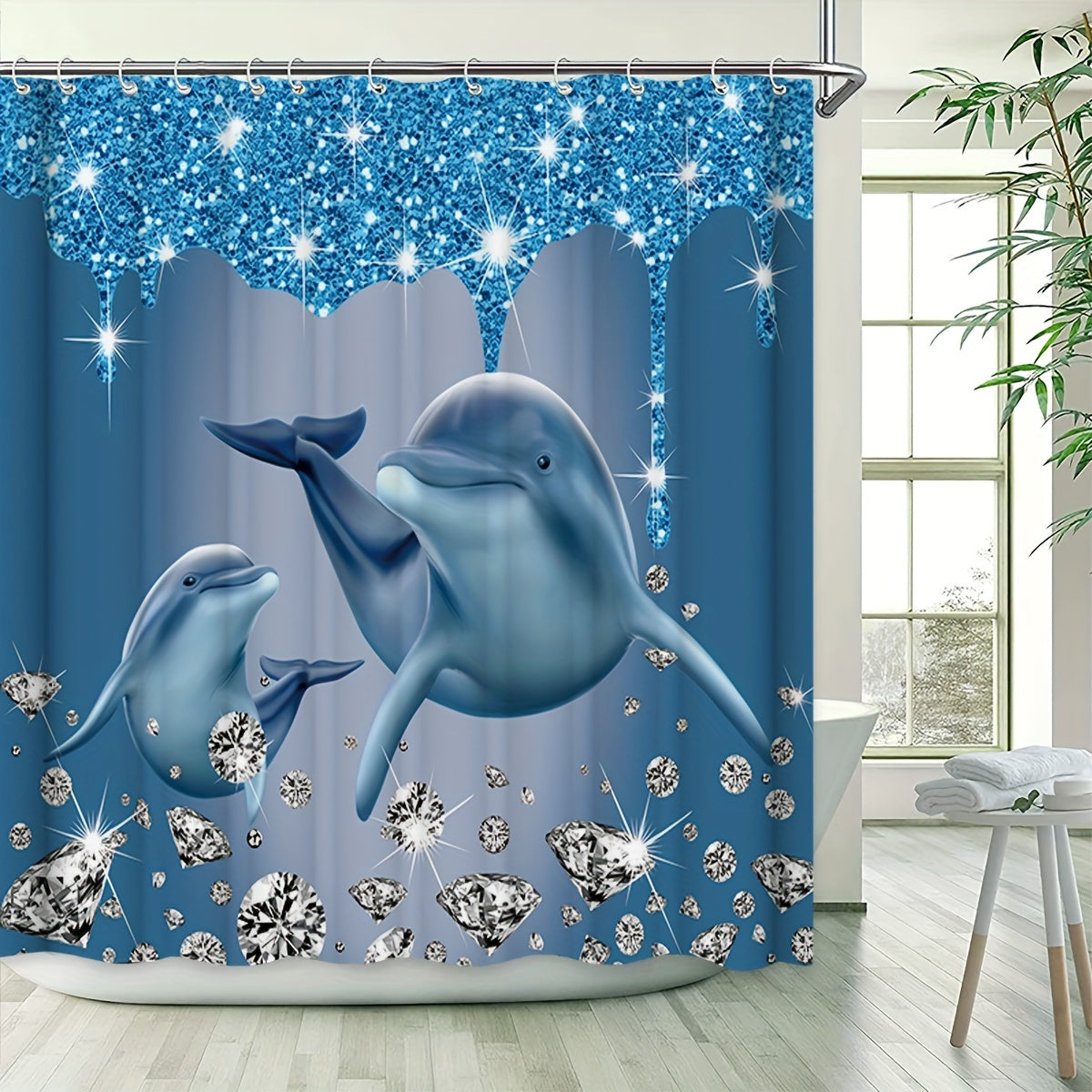 Ocean Dolphin Shower Curtain Set with 3D printed cartoon design, made of twill weave polyester fabric. Includes non-slip washable bath mat, toilet cover, and twist top with hooks. Suitable