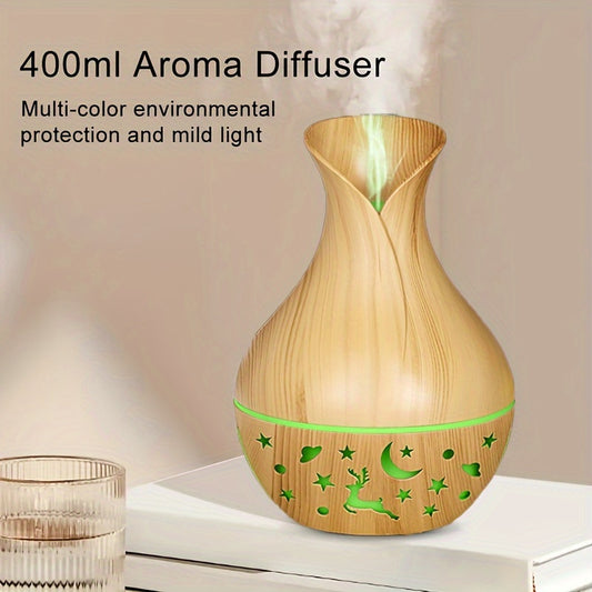 YAIAWISU Ultrasonic Vase Humidifier is a USB powered cool mist air diffuser with 7 color LED night light, silent operation, automatic shut-off, and a hollow wood grain & starry roof design. It fits various room types and is made of plastic material.