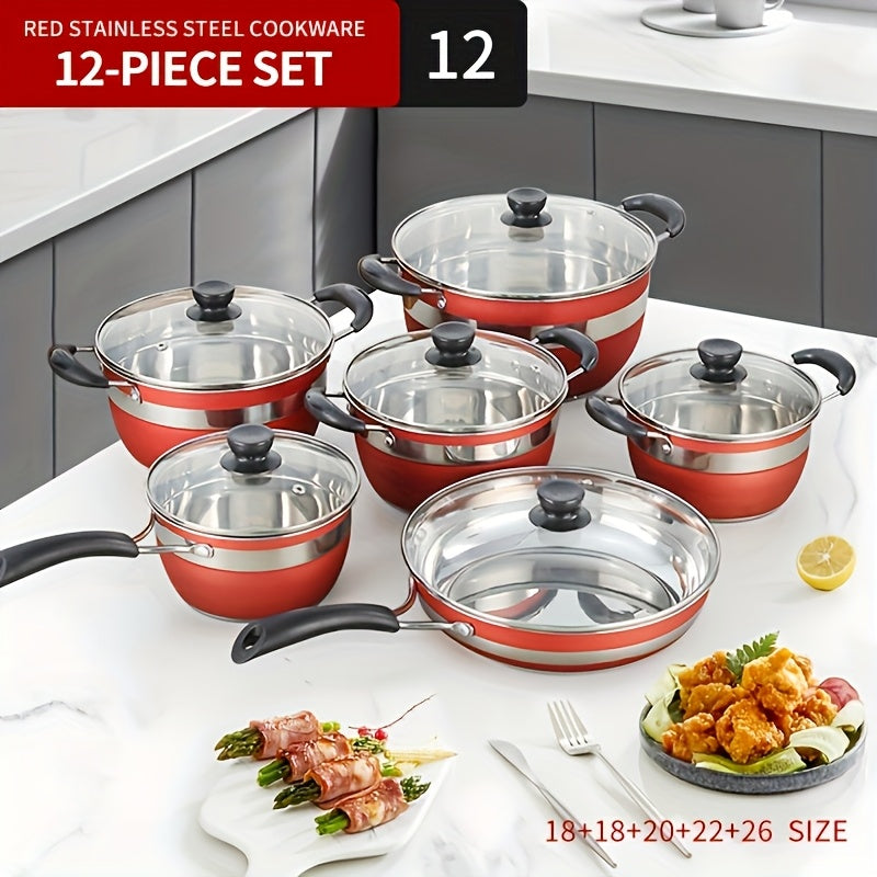 Set of 12 stainless steel pots, including a thickened non-stick frying pan, milk pot, and soup pot with double bottom, ideal for cross-border cooking.