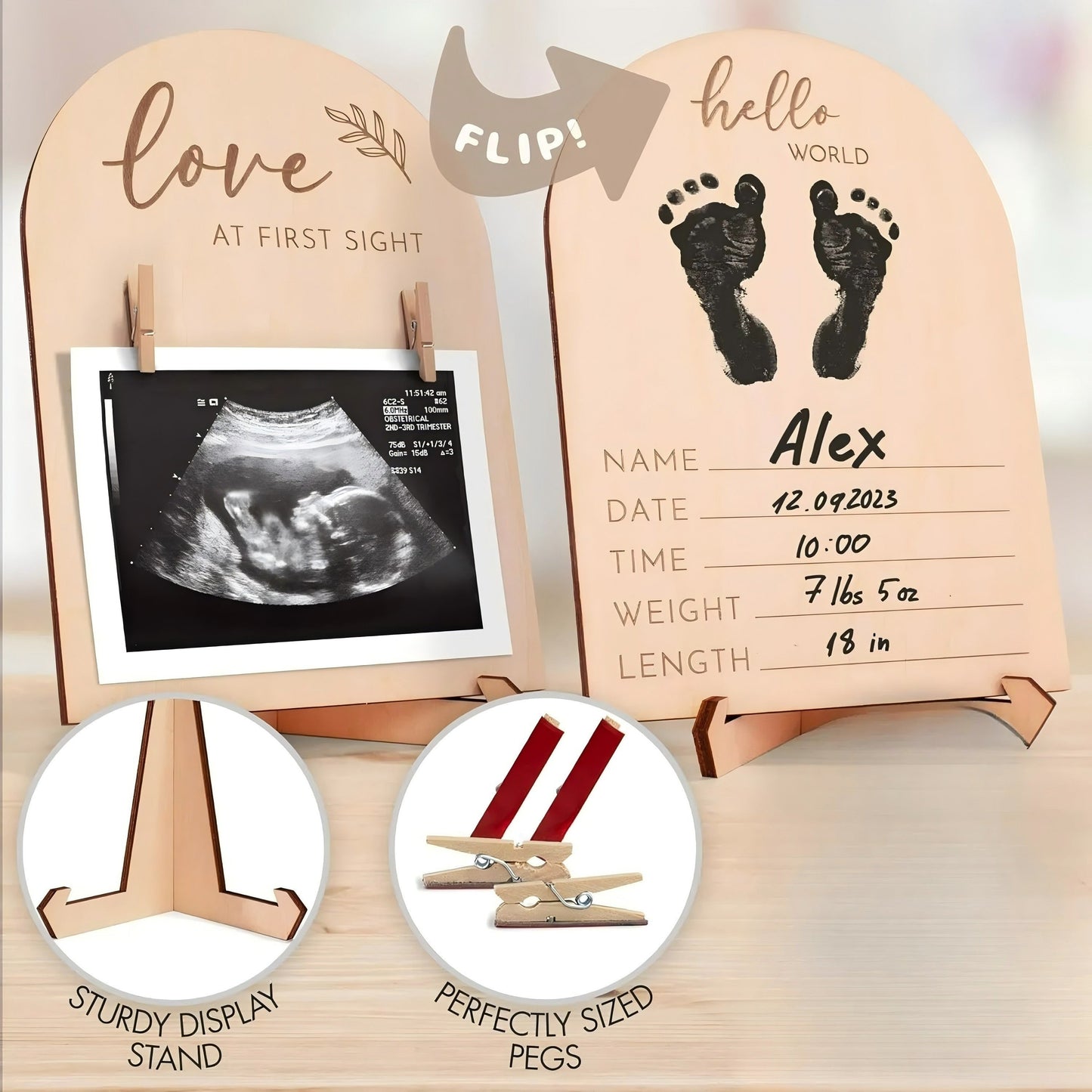 Wooden Ultrasonic Photo Frame with Beautiful Double-Sided Logo for Pregnancy Announcement, Perfect Pregnancy Gift for New Mothers, Room Decor Enhanced with Charming Wooden Ultrasound Frame.