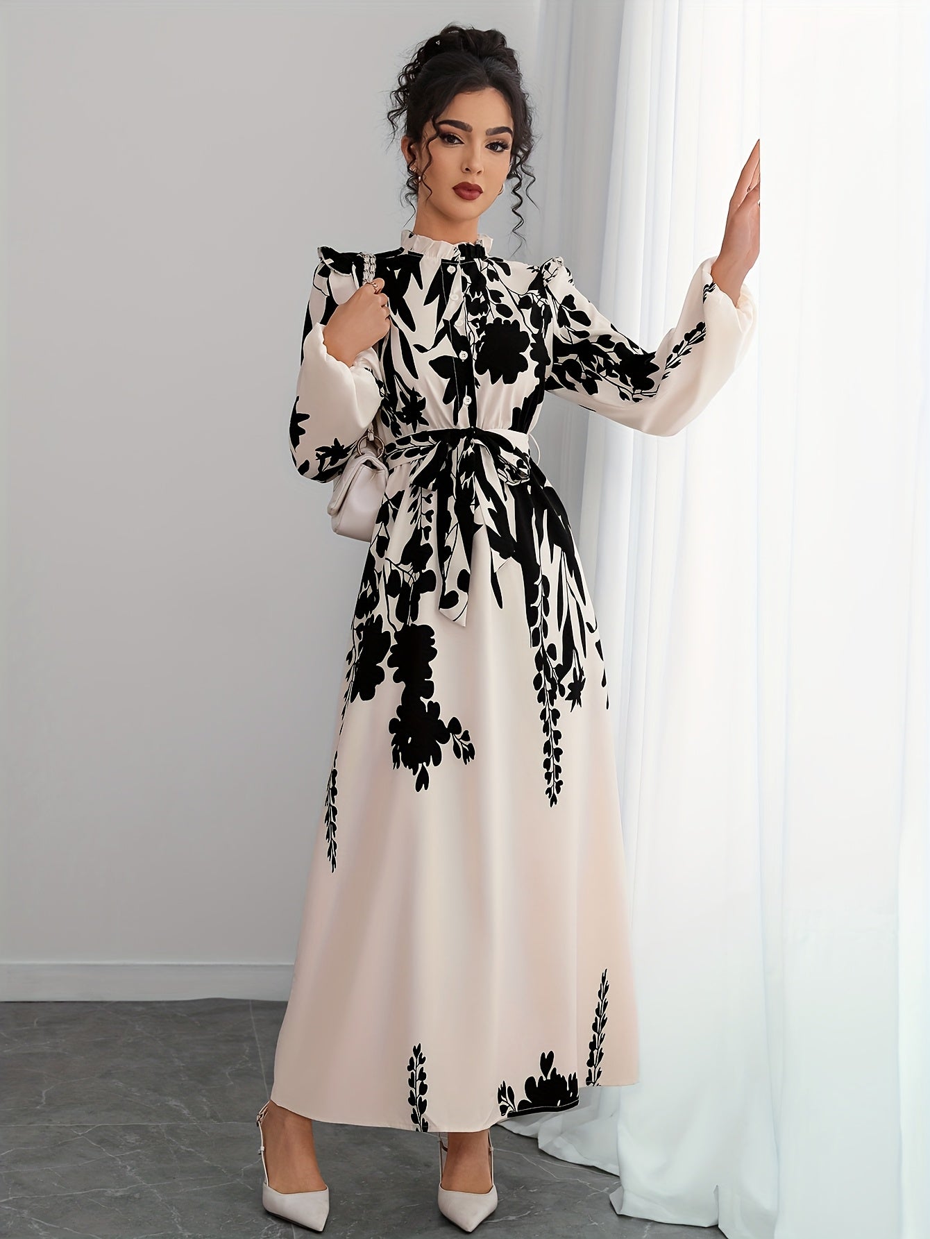 1pc Elegant floral print long sleeve A-line dress for women with lace-up detail, stand collar, versatile for spring/summer/fall. Made of woven polyester.