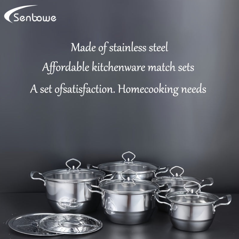 Stainless Steel Kitchenware Set Including 12 Pieces of Basic Cookware with Steamer, Frying Pan, and Soup Pot. Compatible with All Stoves, Perfect for Outdoor Camping. Silvery Finish.