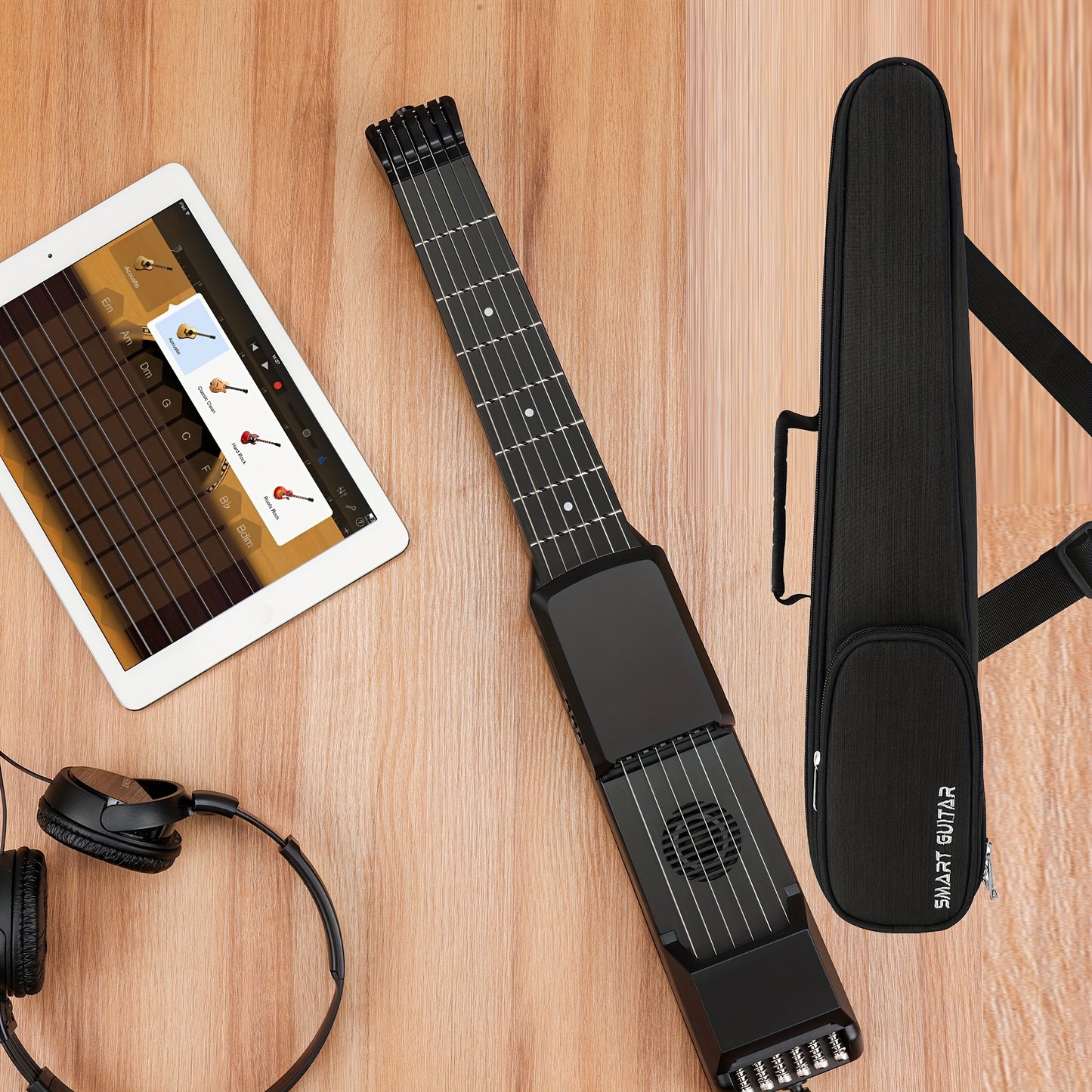 Portable USB Charging Smart Acoustic-Electric Guitar with AI LCD, includes strap and carrying case.