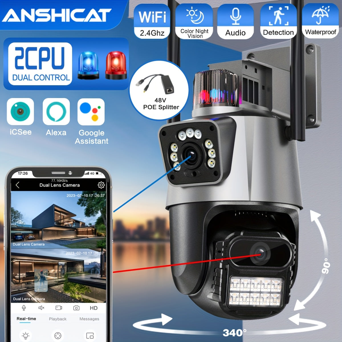 ANSHICAT 6MP POE Wireless Security Camera with 3K Full HD Dual Lens, AI Human Detection, Auto Tracking, Indoor-Outdoor Use, 2.4G Full Color Night Vision, Two-Way Audio, Motion Detection